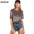 SHEIN T shirt Women Summer 2017 Womens Tops Coffee Short Sleeve Crushed Velvet T-shirt Casual Womens Tee Shirts