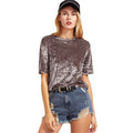 SHEIN T shirt Women Summer 2017 Womens Tops Coffee Short Sleeve Crushed Velvet T-shirt Casual Womens Tee Shirts