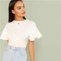 SHEIN White Elegant Round Neck Eyelet Embroidered Trim Ruffle Short Sleeve Solid T-shirt Summer Women Weekend Casual Tee Top