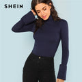 SHEIN Navy Workwear Elegant Bell Cuff Rib Knit Fitted High Neck Long Sleeve Solid Tee 2018 Autumn Minimalist Women T-shirt Top