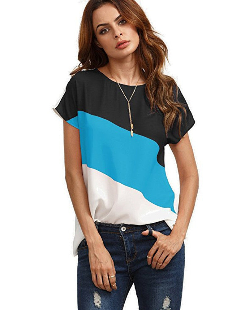 Harajuku T shirt Women Color Block Chiffon Short Sleeve Casual Shirts Tunic Tops Camisetas Mujer T Shirt