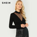 SHEIN Black Mesh Insert Mock Neck Tee Elegant Long Sleeve Stretchy Slim Fit Tops Women Autumn Stand Collar Workwear T-shirt